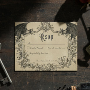 Vintage Gothic Black Toile Bat Tan Wedding RSVP Card