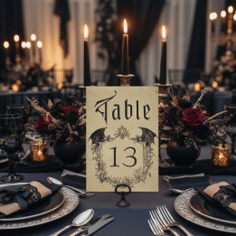 Vintage Gothic Black Toile Bat Tan Wedding Table Number