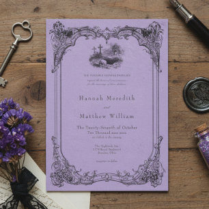 Vintage Gothic Black Toile Purple Skull Wedding Invitation