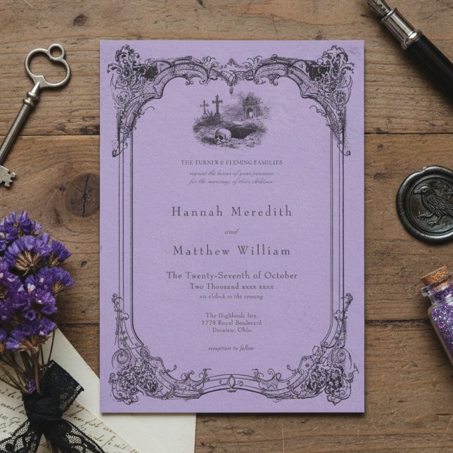Vintage Gothic Black Toile Purple Skull Wedding Invitation (Creator Uploaded)
