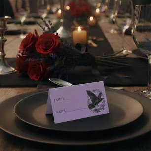 Vintage Gothic Black Toile Raven Purple Wedding Place Card