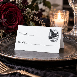 Vintage Gothic Black Toile Raven White Wedding Place Card