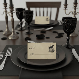 Vintage Gothic Black Toile Skull Tan Wedding Place Card