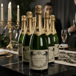 Vintage Gothic Black Toile Tan Bat Wedding Sparkling Wine Label