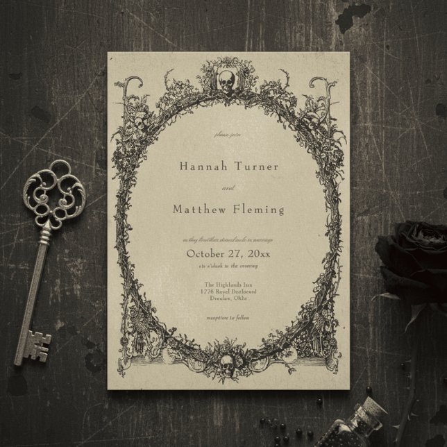 Vintage Gothic Black Toile Tan Wedding Invitation (Creator Uploaded)