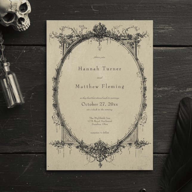 Vintage Gothic Black Toile Tan Wedding Invitation (Creator Uploaded)