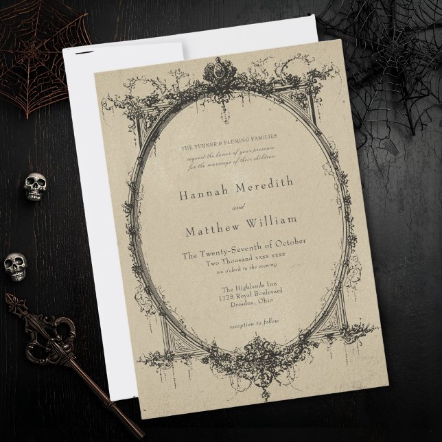 Vintage Gothic Black Toile Tan Wedding Invitation (Creator Uploaded)