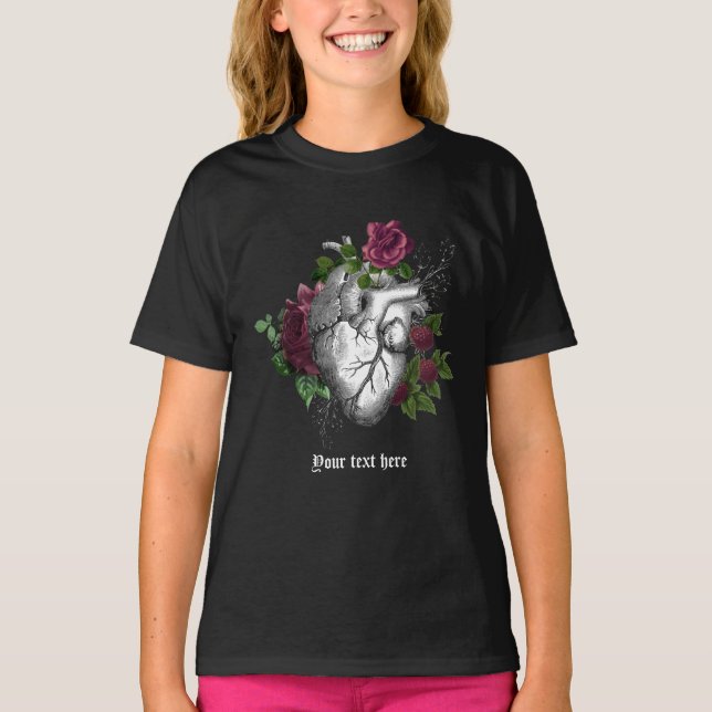 Vintage Gothic Burgundy Floral Heart T-Shirt (Front)