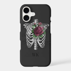 Vintage Gothic Burgundy Roses Skeleton Monogram