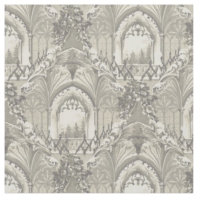 Vintage Gothic Castle Pattern Fabric (Close Up)