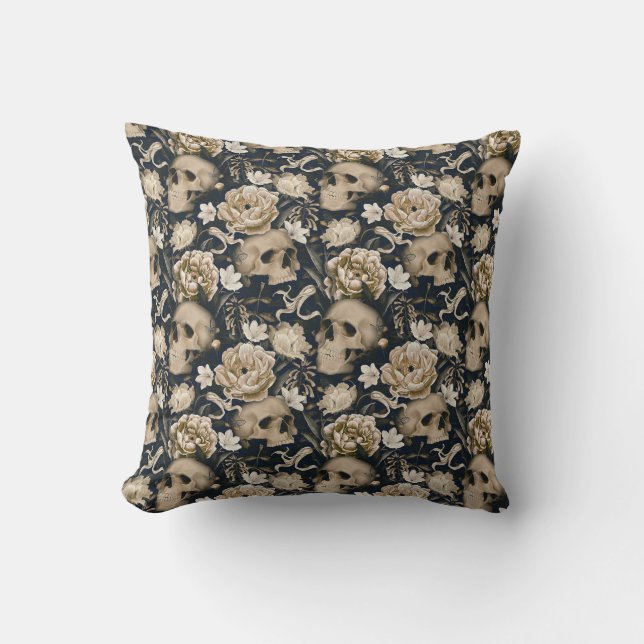 Vintage Gothic Floral Skulls Peonies Butterflies Cushion (Front)