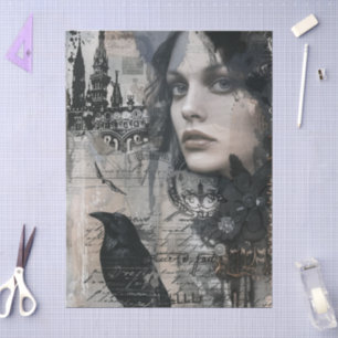 Vintage Gothic Girl & Raven Decoupage Tissue Paper