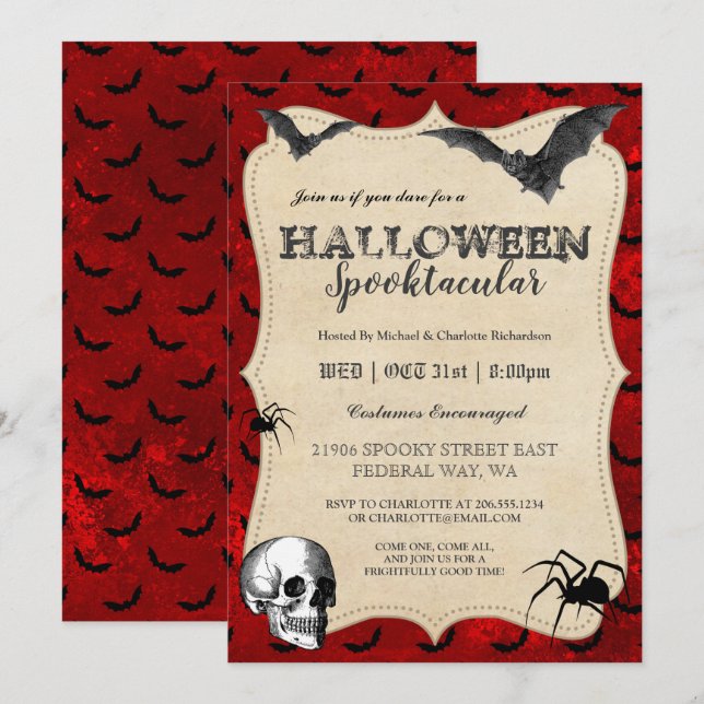Vintage Gothic Halloween Bats Party Invitation (Front/Back)