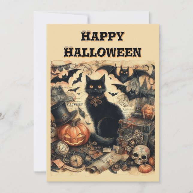 Vintage Gothic Halloween Black Cat Kids   Holiday Card (Front)