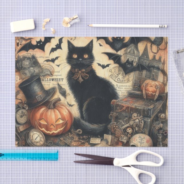 Vintage Gothic Halloween Black Cat  Tissue Paper (Craft)