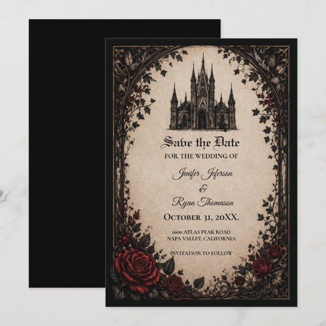 Vintage Gothic Halloween Save the date invitation (Front/Back)