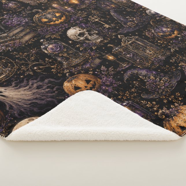Vintage Gothic Halloween Spooky Night Pattern Sherpa Blanket (3/4)