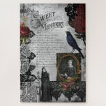 Vintage Gothic Halloween Widow Ephemera Jigsaw Puzzle<br><div class="desc">Unique and elegantly macabre Victorian-style composition featuring classic gothic death elements, including dark red roses, black lace, raven, gothic wrought iron cemetery gate, chandelier, widow in mourning gown, "Sweet Memories" illuminated script and distressed rose-embellished framed portrait of Emily Dickinson with excerpt from one of her death poems in antique script...</div>