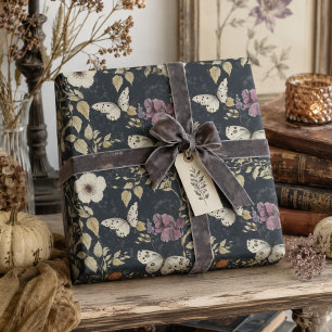 Vintage Gothic Moth & Dark Floral Grey & Ivory Wrapping Paper