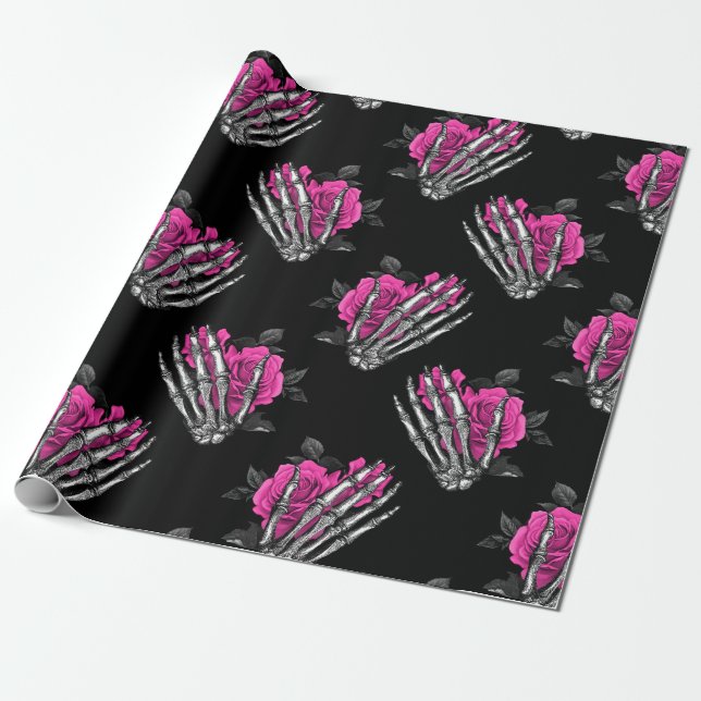 Vintage Gothic Pink Rose Skeleton Halloween Wrapping Paper (Unrolled)