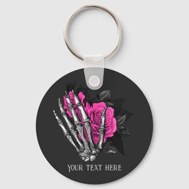 Vintage Gothic Pink Rose Skeleton Personalised Key Ring (Front)