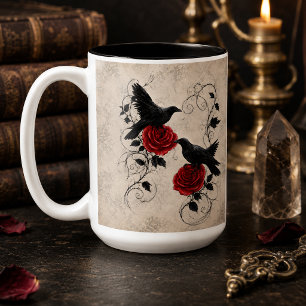 Vintage Gothic Ravens Crimson Roses Two-Tone Coffee Mug