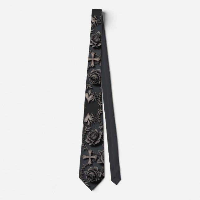 Vintage Gothic Rose and Cross Art Tie (Front)