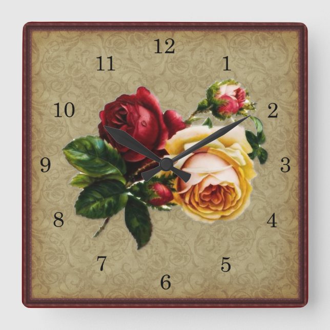 Vintage Gothic Rose Square Wall Clock (Front)