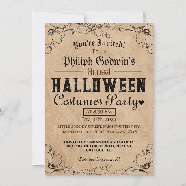 Vintage Gothic rustic Halloween Costume Party  Invitation (Front)