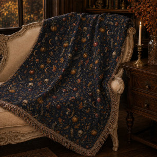 Vintage Gothic Samhain Dark Botanical Pattern Throw Blanket