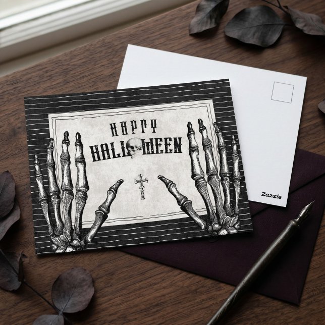 Vintage Gothic Skeleton Happy Halloween Postcard (Vintage Gothic Skeleton Happy Halloween Postcard)