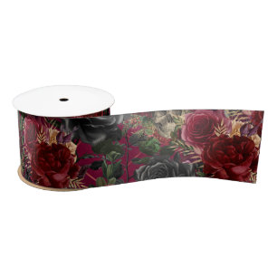 Vintage Gothic Skull and Roses Red and Black Satin Ribbon