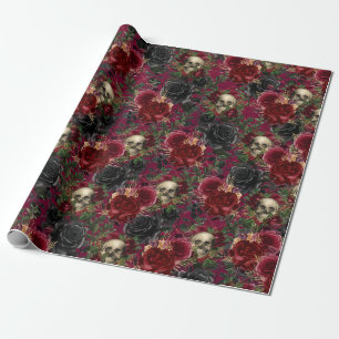 Vintage Gothic Skull and Roses Red and Black Wrapping Paper