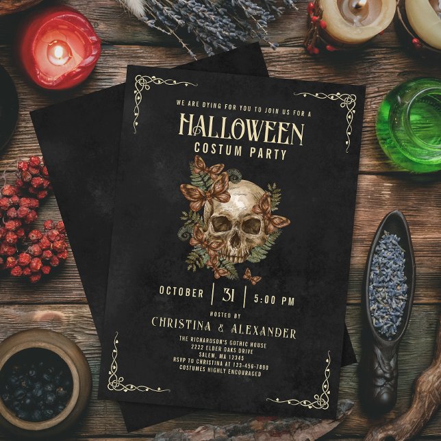 Vintage Gothic Skull Elegant Adult Halloween Party Invitation (Creator Uploaded)