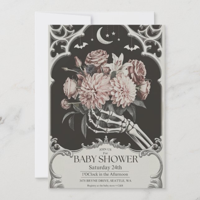 Vintage Gothic Skull Spooky Halloween Baby Shower Invitation (Front)