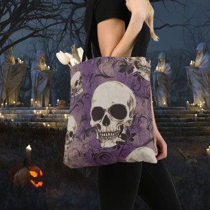 Vintage Gothic Skulls on Purple Damask Halloween Tote Bag