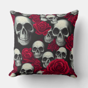 Vintage Gothic Skulls Red Roses Garden Cushion