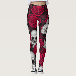 Vintage Gothic Skulls Red Roses Garden Leggings