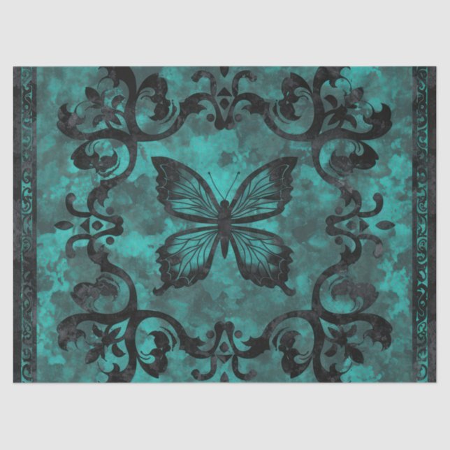 Vintage Gothic Turquoise Butterfly Decoupage Tissue Paper (Front)