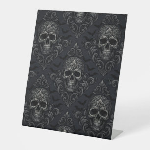 Vintage Gothic Victorian Skull Damask Halloween Pedestal Sign