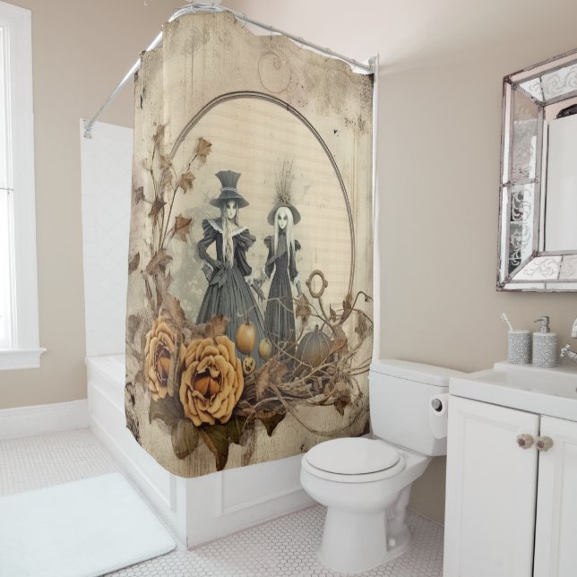 Vintage Gothic Witches Autumn Parchment Shower Curtain (In Situ)