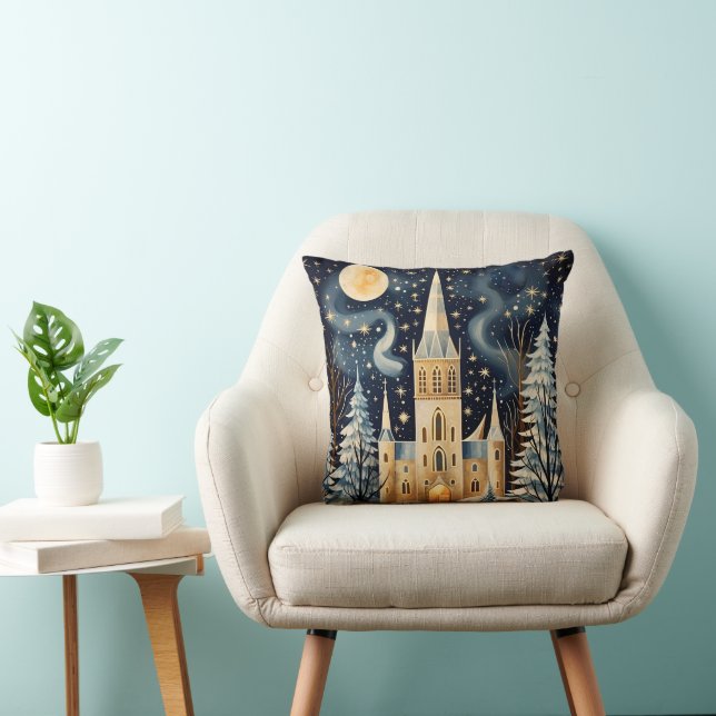 Vintage Gouache Styled Winter Church Christmas Cushion (Chair)