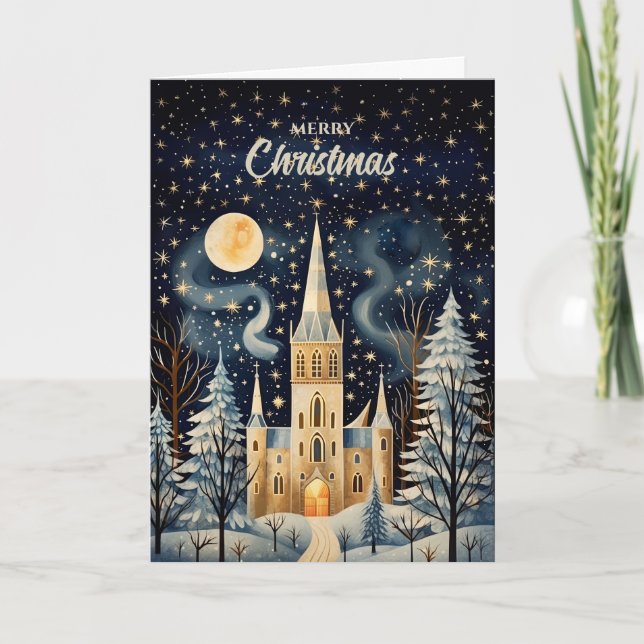 Vintage Gouache Styled Winter Church Christmas Holiday Card (Front)