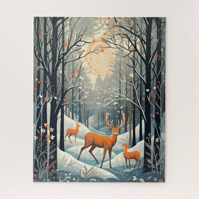 Vintage Gouache Styled Winter Deer 16x20 Jigsaw Puzzle (Vertical)
