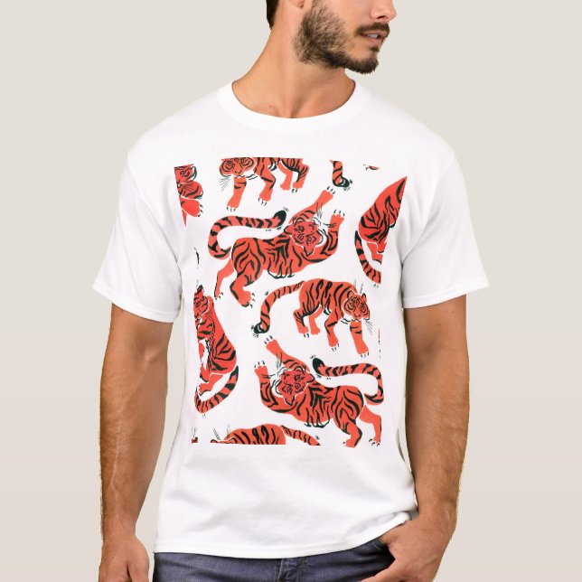 Vintage Gouache Tigers Seamless Pattern T-Shirt (Front)