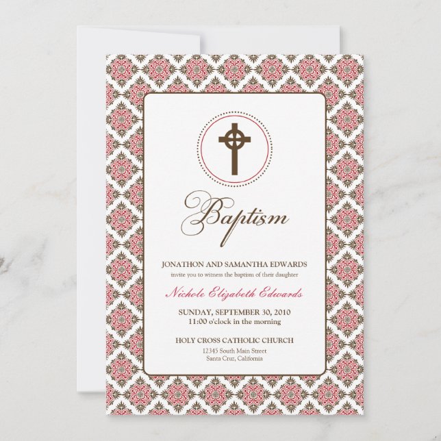 Vintage Grace Baptism 5x7 Invitation (brown/red) (Front)
