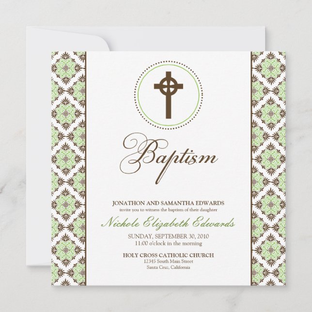 Vintage Grace Baptism Invitation (chocolate/green) (Front)