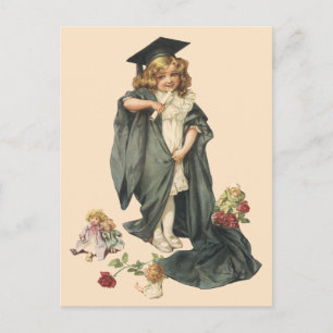 Vintage Graduation, Girl Wearing a Cap and Gown Announcement Postcard