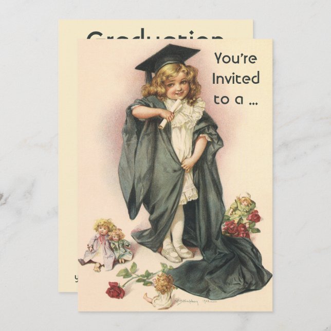 Vintage Graduation, Girl Wearing a Cap and Gown Invitation (Front/Back)