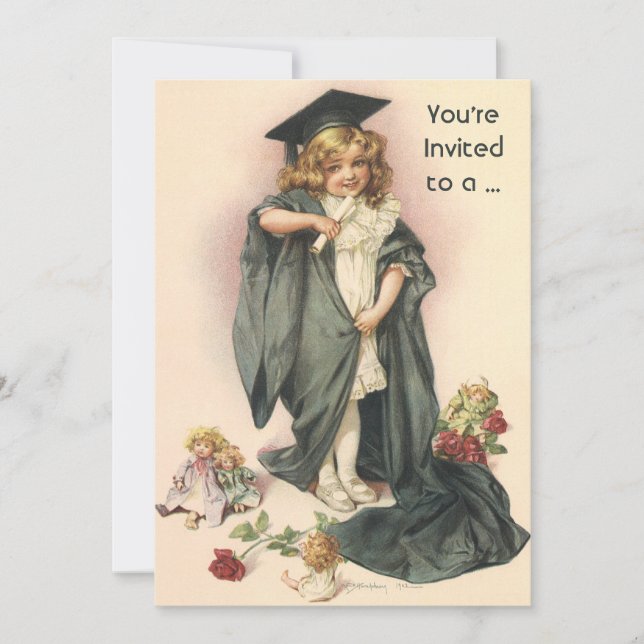 Vintage Graduation, Girl Wearing a Cap and Gown Invitation (Front)
